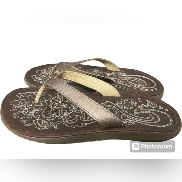 Olukai Polukai Paniolo Leather Flip Flops Sandals Natural Brown - Picture 1 of 3